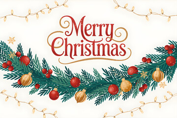 Wall Mural - merry christmas lettering with christmas garland and lights decoration
