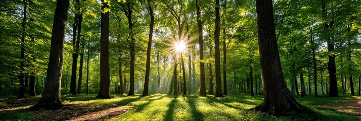  Sunbeams through lush forest, tranquil park scene, perfect for nature-themed designs