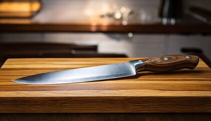A professional chef's knife with a razor-sharp stainless steel blade and wooden handle on a wooden board background, kitchen, cooking, cooking utensils, poster.