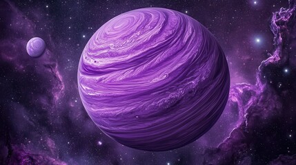 Wall Mural - A purple planet with a swirling surface sits in a dark starry space with faint purple clouds and white stars.