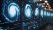 © john - A series of screens displaying satellite images of a powerful hurricane, showcasing weather data and storm patterns.