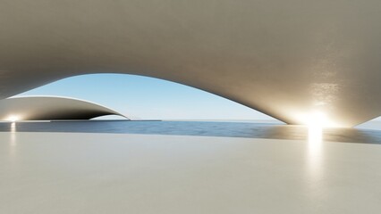 Aufkleber - 3d illustration of abstract minimal architecture background, geometric architectural with chrome or metallic curve design, Car presentation