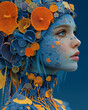 © tossi66 - Surreal Floral Portrait: Woman with Blue Skin and Orange Headdress build from mushrooms