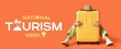 © Pixel-Shot - Young woman with suitcase on orange background. Banner for National Tourism Week