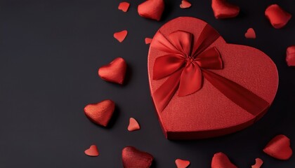 Poster - heart shaped red gift box with satin ribbon and scattered red hearts on black background for valentine's day designs, branding, or romantic print media

