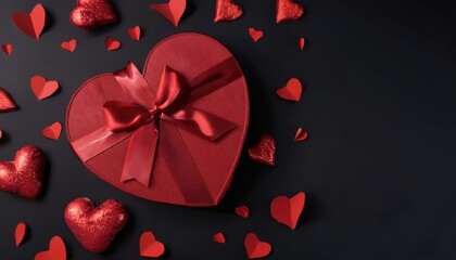 Poster - heart shaped red gift box with satin ribbon and scattered red hearts on black background for valentine's day designs, branding, or romantic print media

