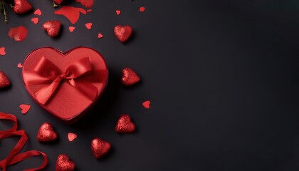 Poster - heart shaped red gift box with satin ribbon and scattered red hearts on black background for valentine's day designs, branding, or romantic print media


