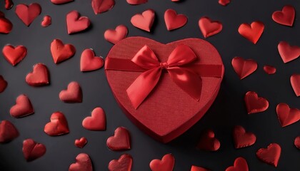 Poster - heart shaped red gift box with satin ribbon and scattered red hearts on black background for valentine's day designs, branding, or romantic print media

