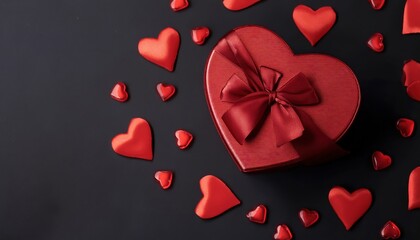 Poster - heart shaped red gift box with satin ribbon and scattered red hearts on black background for valentine's day designs, branding, or romantic print media


