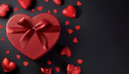 Poster - heart shaped red gift box with satin ribbon and scattered red hearts on black background for valentine's day designs, branding, or romantic print media

