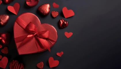 Poster - heart shaped red gift box with satin ribbon and scattered red hearts on black background for valentine's day designs, branding, or romantic print media

