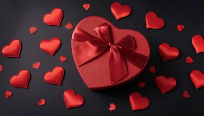 Poster - heart shaped red gift box with satin ribbon and scattered red hearts on black background for valentine's day designs, branding, or romantic print media

