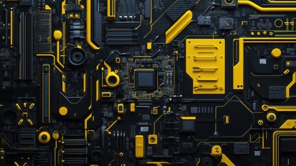 Technological circuit board with abstract yellow lines and dark gray background. Can use for tech, design or science