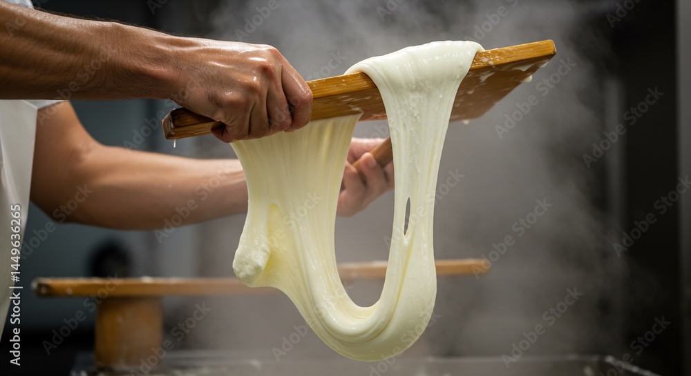 A cheese maker shaping grande mozzarella balls in a dairy factory