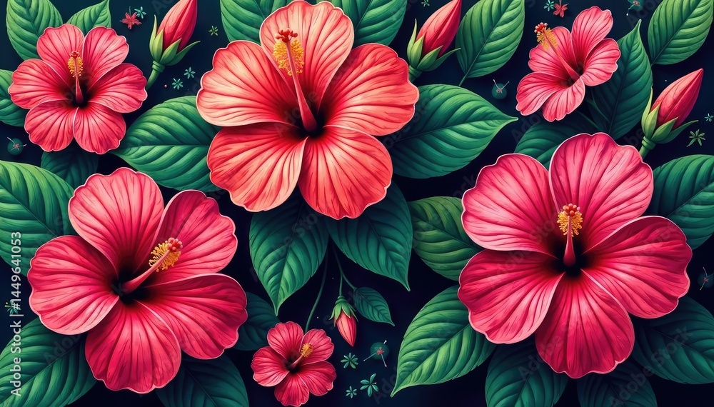 Intricate hibiscus blossoms, vibrant hues, repeating floral design , Hibiscus, seamless