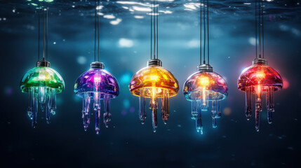 Poster - Series of vibrant jellyfish shaped light fixtures glow underwater, each displaying different color, creating mesmerizing and surreal atmosphere