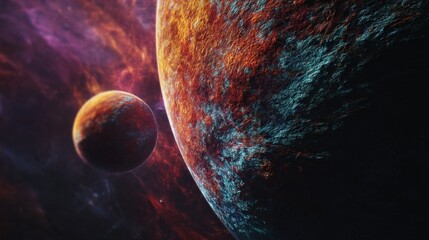 Wall Mural - Cosmic dance of two celestial bodies, swirling nebulae create a vibrant backdrop. A breathtaking view of the universe.