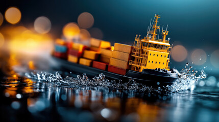 Poster - Cargo ship navigates through shimmering waters, carrying colorful shipping containers under vibrant sky. scene captures essence of global trade and economic activity