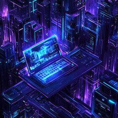 Wall Mural - Futuristic city; laptop; digital data; glowing; network; tech concept; website banner