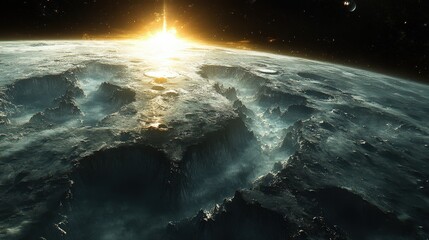Wall Mural - A view of a distant, icy planet's landscape illuminated by a celestial sunrise.