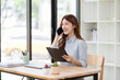 © David - Portrait of young attractive positive lady sit chair use phone wireless netbook telephone write typing modern office indoors