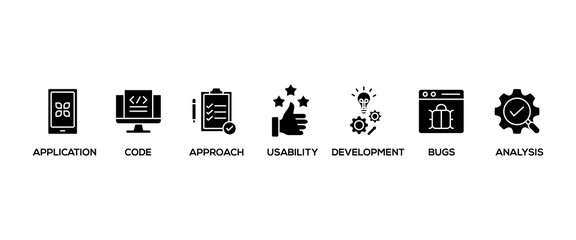 Software testing banner web icon vector illustration concept with icon of analysis, development, application, code, approach, usability, and bugs