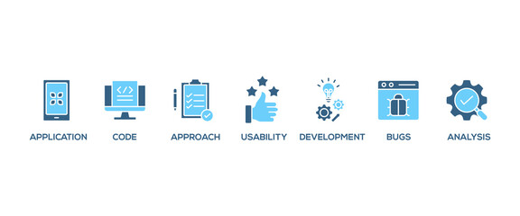Software testing banner web icon vector illustration concept with icon of analysis, development, application, code, approach, usability, and bugs