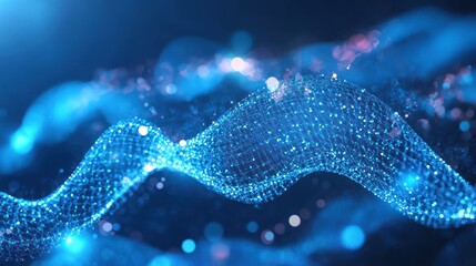 Wall Mural - Digital data abstract wave design with glowing particles representing network connection on blue background
