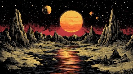 Wall Mural - Alien landscape under a vibrant sunset.