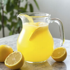 Wall Mural - Refreshing lemonade in glass pitcher with lemon slices, surrounded by fresh lemons on marble surface. vibrant yellow color evokes sense of summer and thirst quenching enjoyment