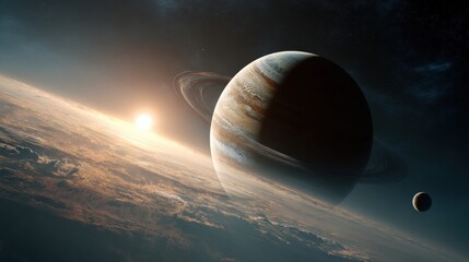 Wall Mural - Majestic view of a ringed gas giant planet, bathed in the warm glow of a distant sun. The planet's atmospheric details and intricate rings are clearly visible, creating a breathtaking celestial scene.