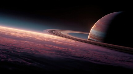 Wall Mural - Majestic view of a ringed planet's atmosphere, showcasing vibrant sunset hues and intricate ring details. Cosmic beauty at its finest!