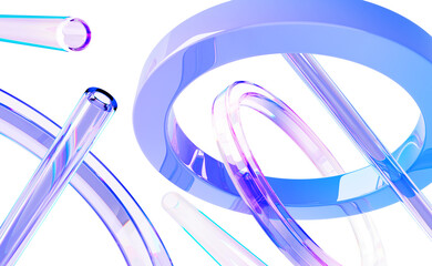 Wall Mural - abstract glass holographic liquid transparent background with flying geometric 3d shapes render. iri