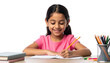 © Asif - Child writing with pencil at school desk, smiling, logo for school, panaflex, isolated on transparent background.