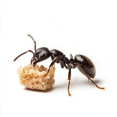 black ant carrying breadcrumb on white background