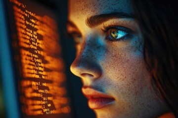 Leinwandbilder - A young woman with freckles intensely focused on lines of code illuminated on a screen.