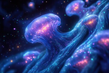 Poster - Glowing jellyfish in a dark ocean, bioluminescent and ethereal, digital art.