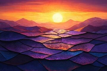 Aufkleber - Sunset over a mosaic-like mountain range, vibrant colors of purple, orange, and gold.