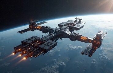 Wall Mural - Futuristic space station orbits planet Earth. Illustration spacecraft, glowing panels, technology, universe, galaxy. Orbital station, science, technology, cosmos, exploration, communication, future