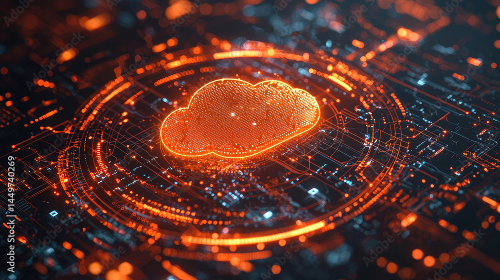 Cloud computing technology concept. A glowing cloud icon sits at the ...