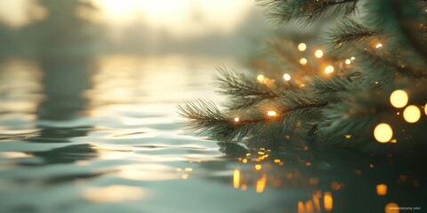 Wall Mural - christmas tree branches adorned with glowing fairy lights reflect in water at golden hour background