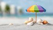 © Intelligent Horizons - A colorful beach umbrella miniature appearing as a delightful small scale replica resting on a white marble surface and surrounded by various seashells creating a serene and picturesque coastal scene