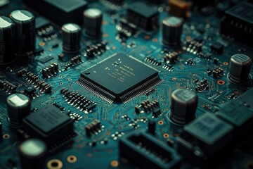 Aufkleber - Close-up of a circuit board showcasing intricate electronic components and complex circuitry.