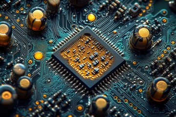 Poster - Close-up of a circuit board showcasing intricate microchip and components.