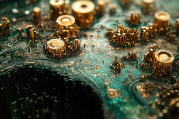 Aufkleber - Close-up of a futuristic circuit board with golden components, resembling a miniature city.