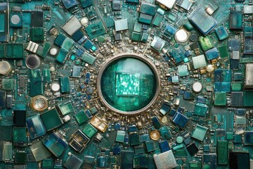 Poster - A mesmerizing mosaic of teal circuit board components arranged in a circular pattern, resembling a technological mandala.
