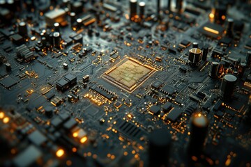 Poster - Close-up of a circuit board showcasing intricate electronic components and a central processor.