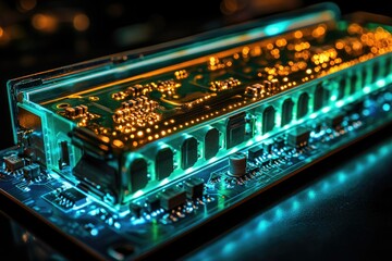 Poster - Close-up of illuminated circuit board showcasing intricate electronic components and connections.