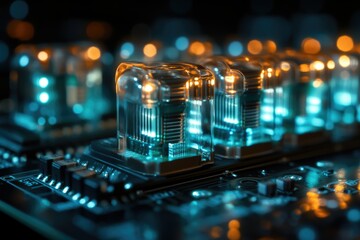 Aufkleber - Close-up of illuminated Nixie tubes on a circuit board, showcasing intricate electronic components.