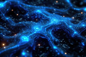 Leinwandbilder - Abstract digital landscape of glowing blue data streams and nodes, representing complex information flow.